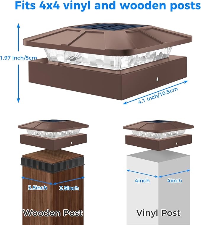 12 Packs 4x4 Brown Solar Post Cap Lights with 3 Lighting Modes | Fence Caps Light Fits 4×4/3.5×3.5 Wood/Vinyl Posts, Waterproof Outdoor Post Top Lighting for Deck Mailbox Porch Railing