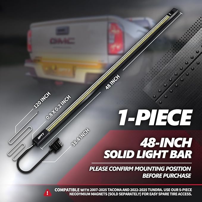 OPT7 Redline 48" Aluminum Truck Tailgate Light Bar w/Sequential Amber Turn - Weatherproof Rigid 1-Piece Triple Row LED Strip - Dynamic Taillight w/White Reverse - Fits Tacoma Colorado Frontier Canyon