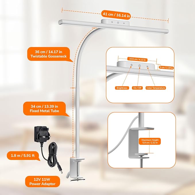 Lepro Desk Lamp with Clamp, Led Clip on Desk Lights for Home Office, White | 11W 750LM Eye Caring Task Light, 25 Lighting Modes, Flexible Gooseneck, Architect Lamp for Monitor, Workbench, Draft, Crafts