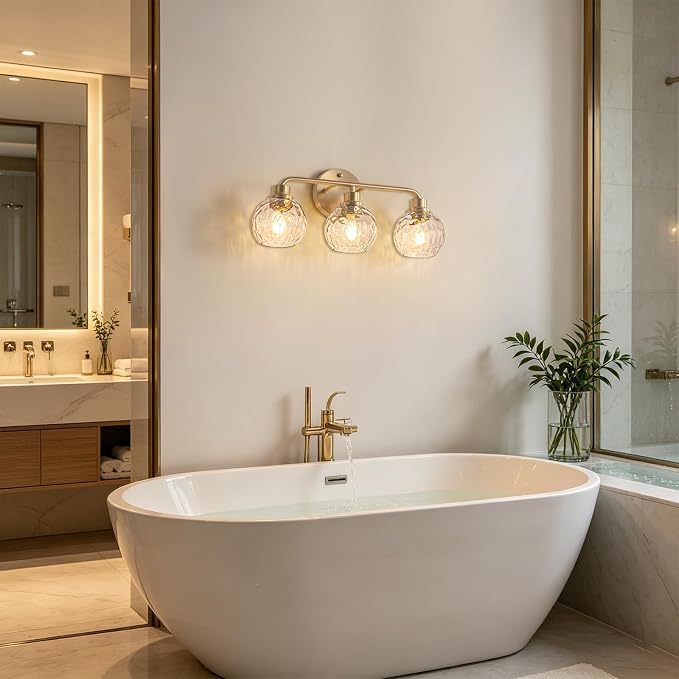 Bathroom Light Fixtures Gold Vanity Light 3 Light Brushed Brass | Wall Sconces Lighting with Hammered Globe Glass Shades Bath Wall Lamp for Mirror Living Room Bedroom Hallway