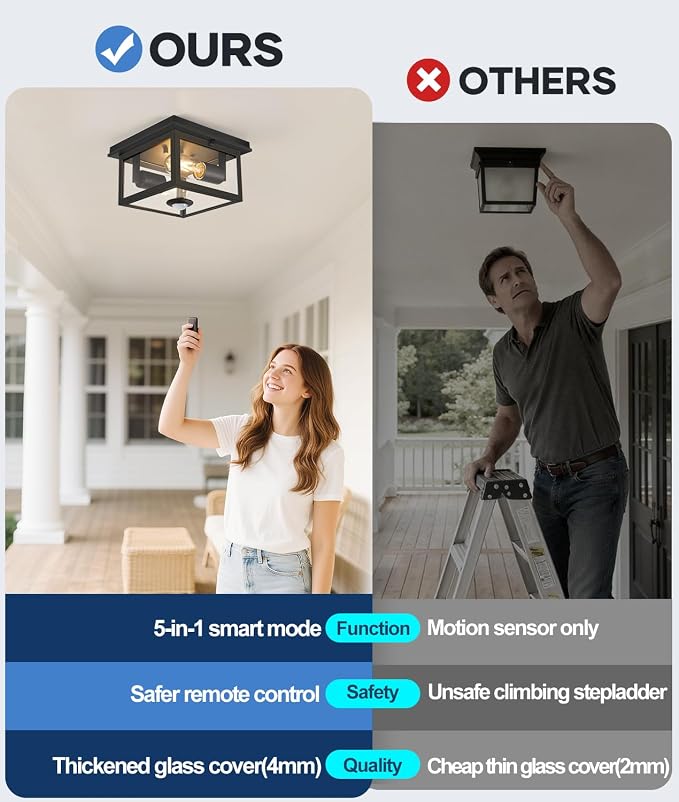 Motion Sensor Outdoor Ceiling Light with Remote, 8.5 Inch Matte Black Flush Mount Porch Light Fixture with United Glass Cover, 5 Modes Outside Flush Mount Light for Porch, Garage, Patio, Entryway