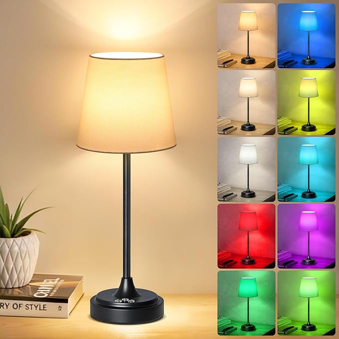 Wowag Cordless Table Lamp Rechargeable,5000mAh Battery Operated Desk Lamp,3 Colors & 7 RGB Stepless Dimmable,Touch Control Ambient Light for Bedside,Bedroom,Dining Room,Living Room,Black,WhiteShade