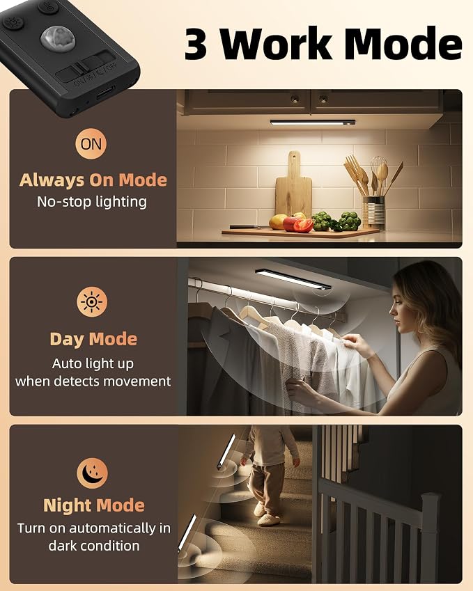 EZVALO Under Cabinet Lighting, 3500mAh Rechargeable Motion Sensor Light Indoor, 3 Color Temps, 5-Level Dimmable Magnetic Wireless Closet Lights for Kitchen, Stairs (Black, 2 Pack)