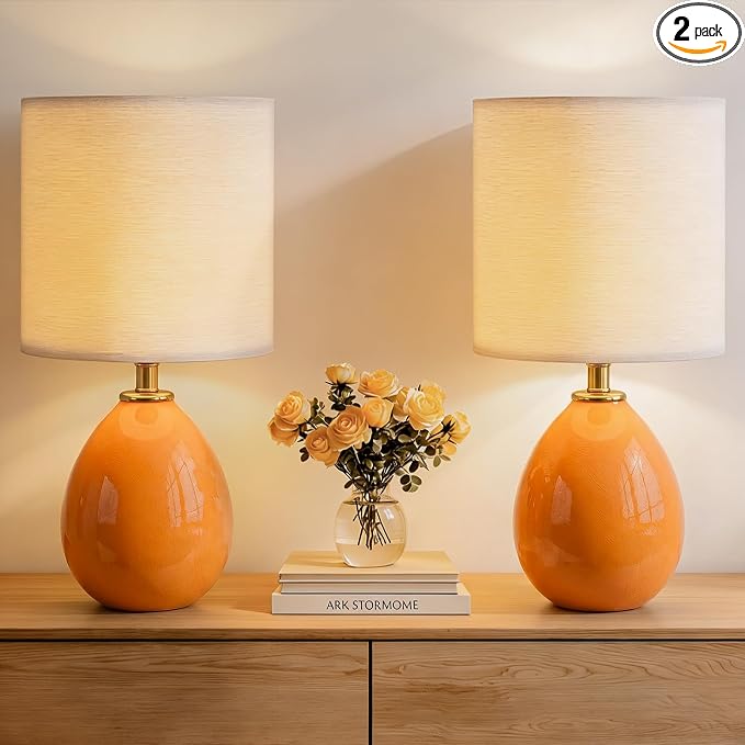 18.5" Table Lamp Set of 2 for Living Room Bedroom, Bedside Lamps for Night Stands, Desk Nightstand Lamp Dimmable, Modern Linen Cream Ceramic Lamps (Orange)