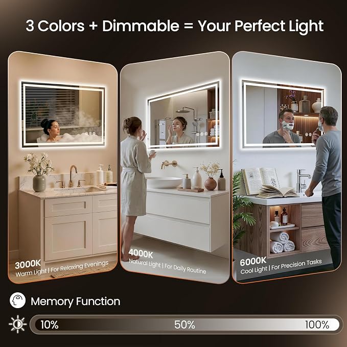 40x36 LED Bathroom Mirror with Anti-Fog, Backlit & Front Lit, Memory | Stepless Dimmable 3 Color CRI 95+ Shatterproof Tempered Glass ETL Listed for Safety Lighted Bathroom Vanity Mirror for Wall