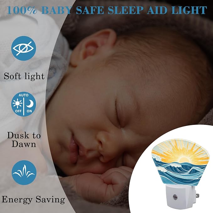 Sunrise Over The Sea Night Light Waves and Sun Nightlight Plug into Wall with Dusk to Dawn Sensor for Kid Girls Boys Women Men Room, Hallway, Kitchen, Bathroom, Stairs Decor