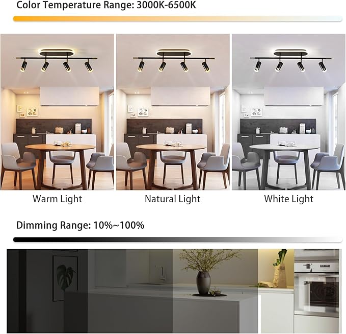 Jaycomey 4-Light LED Track Lighting Fixture with Remote Control, 41W Dimmable Ceiling Light Spotlights, Adjustable 3000K-6500K Modern Dining Room Ceiling Light for Kitchen Bedroom (Black &Gold)