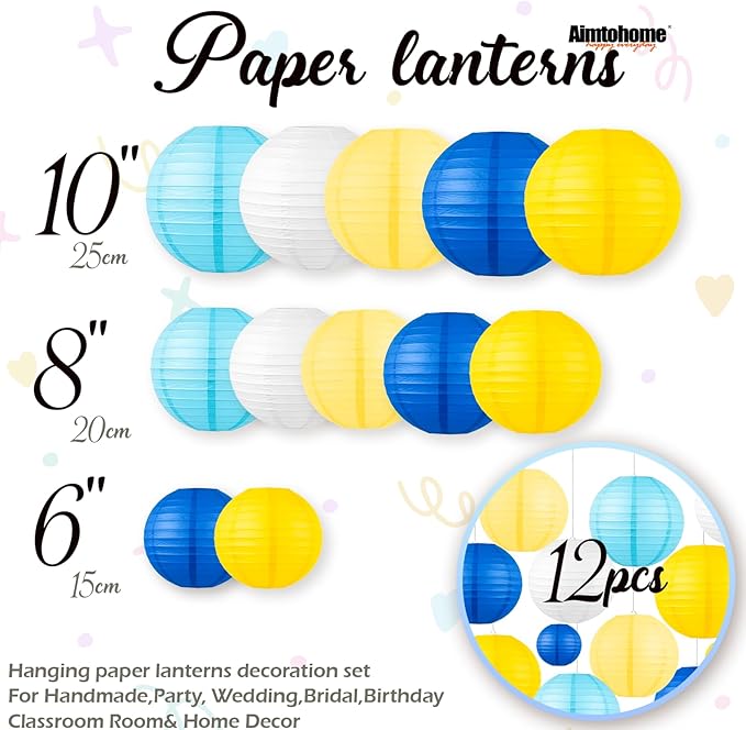 Bright Paper Lanterns Set (12 Pcs) - 6/8/10 Inch Navy, Yellow, Lemon Yellow, Light Blue & White Hanging Paper Lanterns for Ramadan, Cartoon Parties, Birthday,Sport,Weddings & Home Decor