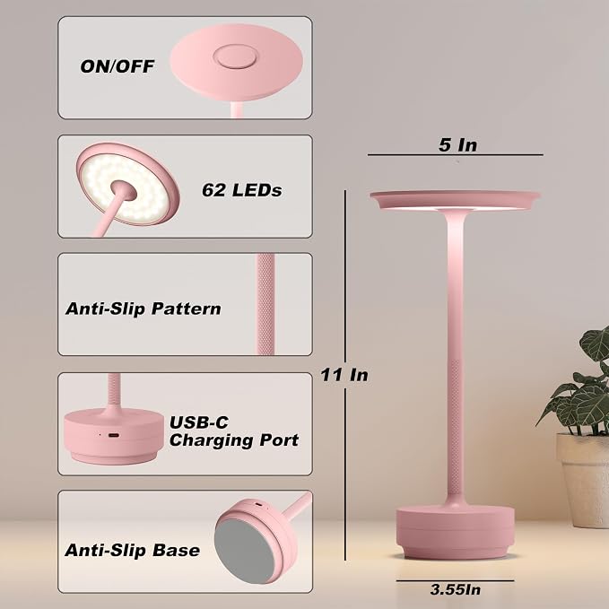 TBBGA 2 Pack Rechargeable Table Lamps Cordless, 5000mAh Outdoor Table Light | 3 Color Stepless Dimming Portable LED Table Lamp with Memory Function, for Home/Dinner/Patio/Restaurant.(Pink)