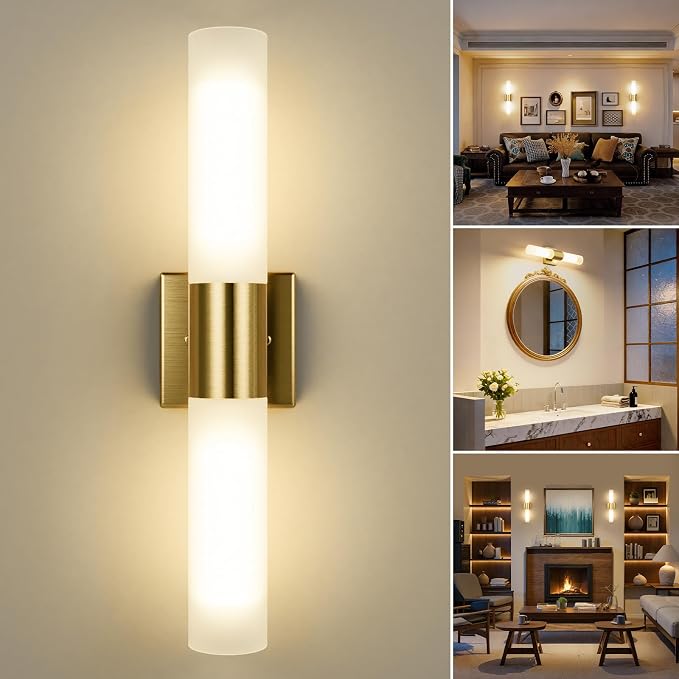 Modern 21" Bathroom Vanity Wall Sconce, Frosted Glass, Gold | Indoor Lighting Fixture, For Living Room, Stairs & Bedroom, Mounting Hardware Included, Easy To Install, Sturdy Metal Build.