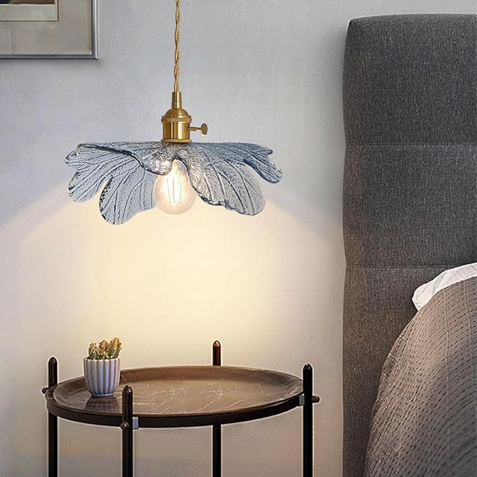 Vintage Glass Pendant Light Gold Brushed Brass Hanging Light with Blue Flower Glass Shade, Farmhouse Pendant Lighting for Kitchen Dining Room Bedroom, 1-Light