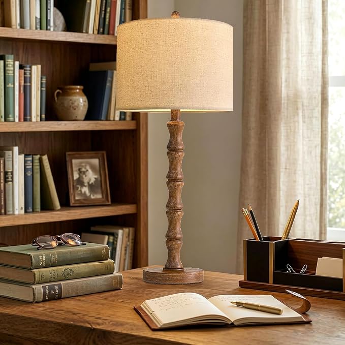 ILLMTW Wood Table Lamp Set of 2,Vintage Buffet Lamps Mid Century Bedside Lamp Wooden Nightstand Lamp Farmhouse Retro Side Tall Table Lamp Rustic Boho for Bedroom Living Room