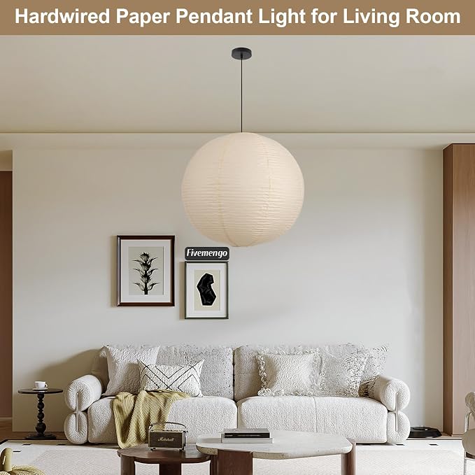 Large Paper Pendant Light with Cord and Canopy, 23.6in Off White | Rice Paper Hanging Lamp, Japanese Japandi Wabi Sabi Lantern Lamp Chandelier for Living Dining Room Bedroom Kitchen 2 Pack