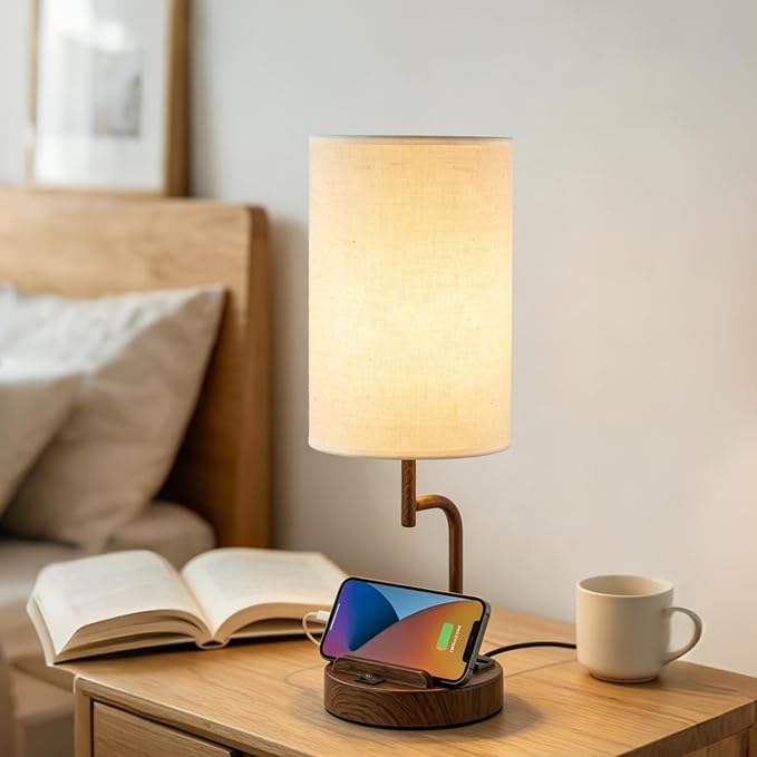 Dreamholder 2 Pack Table Lamp, Bedside Lamp with 3 USB Charging Ports & AC Outlet, USB Desk Lamp with 2 Phone Holders, Linen Fabric Shade Nightstand Lamps for Bedroom Living Room Office, Walnut