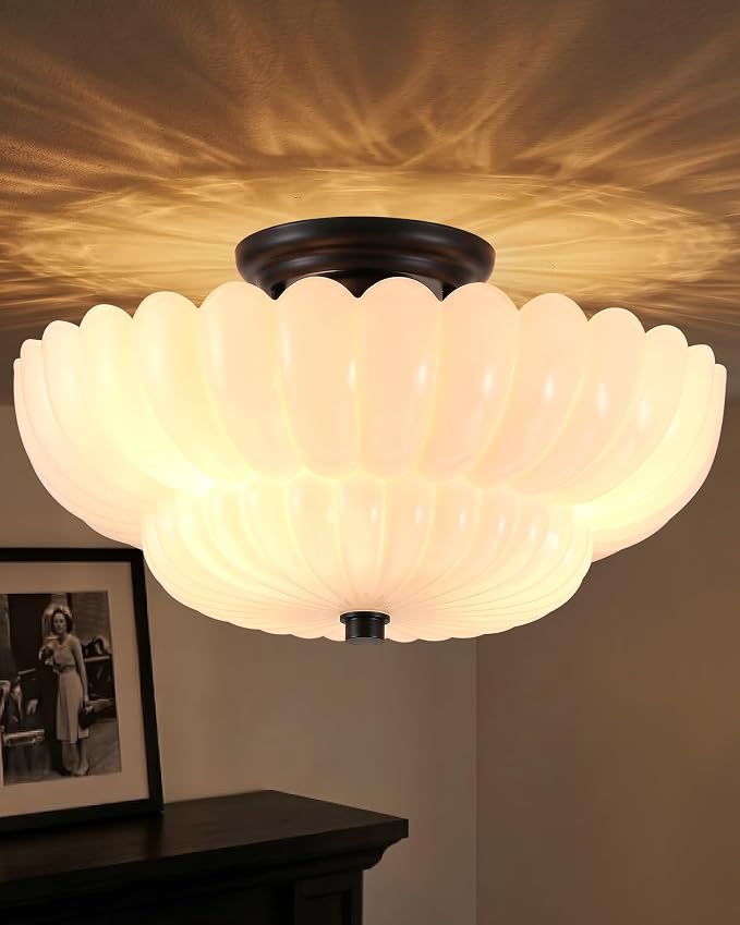 Semi Flush Mount Ceiling Light Fixture 14" Vinatge Black Ceiling Lights Mid Century Modern Milk White Glass Close to Ceiling Lighting Fixtures for Bedroom Hallway Kitchen Laundry Room Bathroom