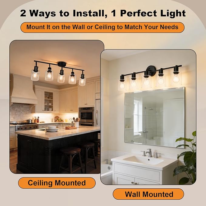 HiBay 5-Light Black Track Lighting Fixture Ceiling Flexible Glass Spotlight | Multi Directional & Foldable, Modern Farmhouse Industrial, for Kitchen, Living Room, Home Office, E26 Base