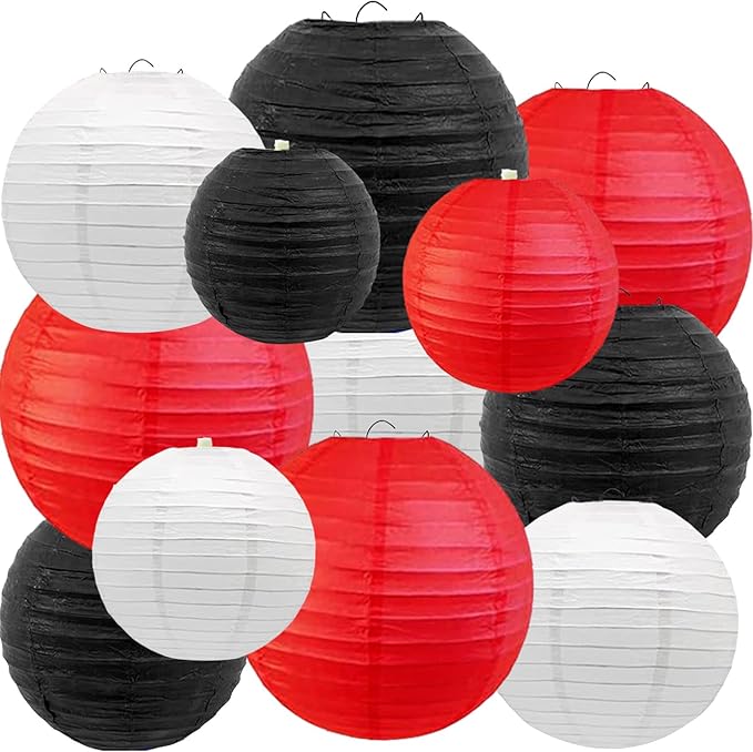 Black Red and White Paper Lanterns 12Pcs Hanging Round Paper Lanterns Decorative for Graduation Baby Shower Wedding Birthday Family Parties ﻿