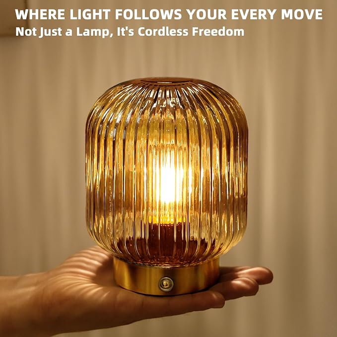 MJ PREMIER Rechargeable Table Lamp, Yellow Glass Lamp with Memory Function, Small Cordless LED Lamp with Dimmable Brightness, Decorative Touch Lamps for Bedroom Living Room (Yellow)