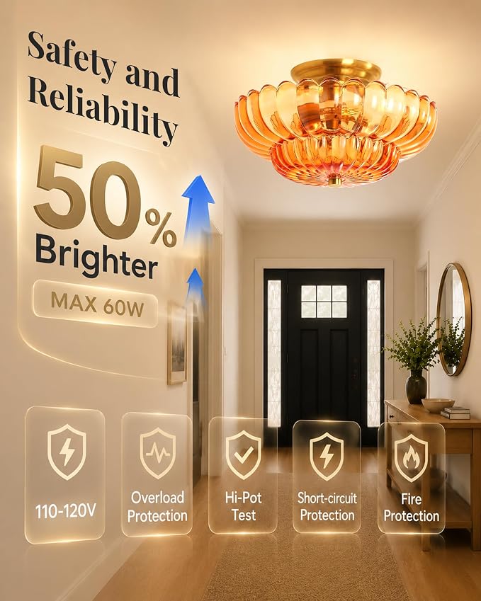 Semi Flush Mount Ceiling Light Fixture 14" Vinatge Gold Ceiling Lights Mid Century Modern Orange Glass Close to Ceiling Lighting Fixtures for Bedroom Hallway Kitchen Laundry Room Bathroom