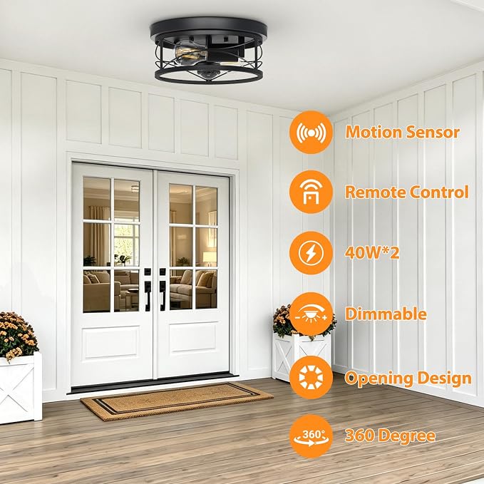 Dusk to Dawn Flush Mount Ceiling Light Fixtures, Motion Sensor for Porch | 2-Light Flush Mount Porch Light, 10in Black Ceiling Mount, Industrial Exterior Light Fixture for Farmhouse Entryway Foyer