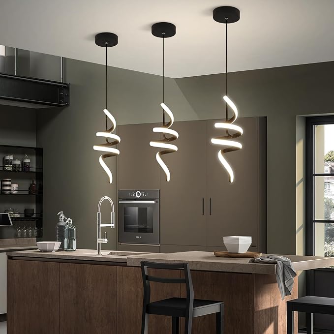 Modern Spiral LED Pendant Lights Kitchen Island, 22W Adjustable Height Hanging Light Fixture 5500K Black Chandelier for Dining Room Cafe Table, 3 Pack