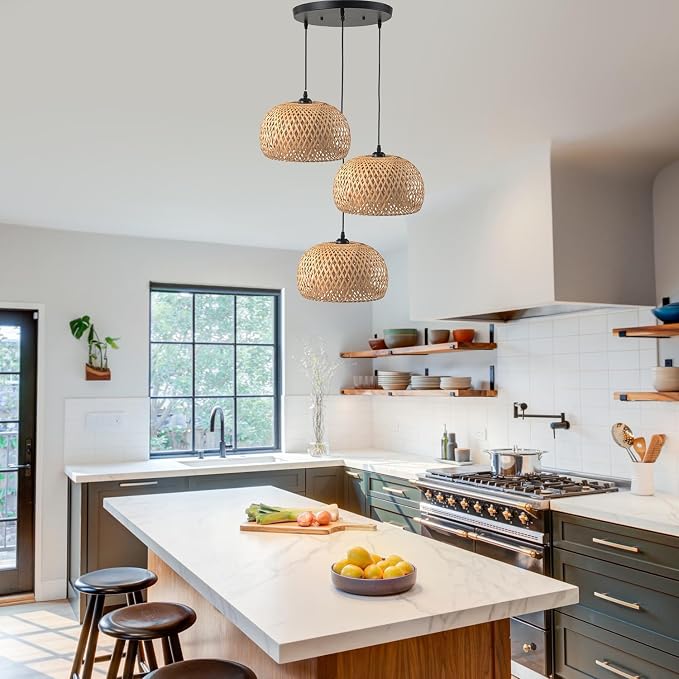 3 Light Open Weave Ceiling Hanging Fixture, Bulbs Not Included | Rustic Bamboo Pendant Light, Wicker Basket Shades, Adjustable 59", Hanging Lamp for Kitchen island Dining Table stairwell