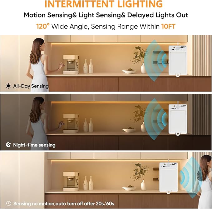 OMIKA COB Motion Sensor Light Strip Indoor, 6.56ft 640LEDs 2700K Warm White 1500mAh Rechargeable Closet Light, Cuttable Self Adhesive LED Lights for Bedroom, Cabinet, Shelves, Pantry, Stairs