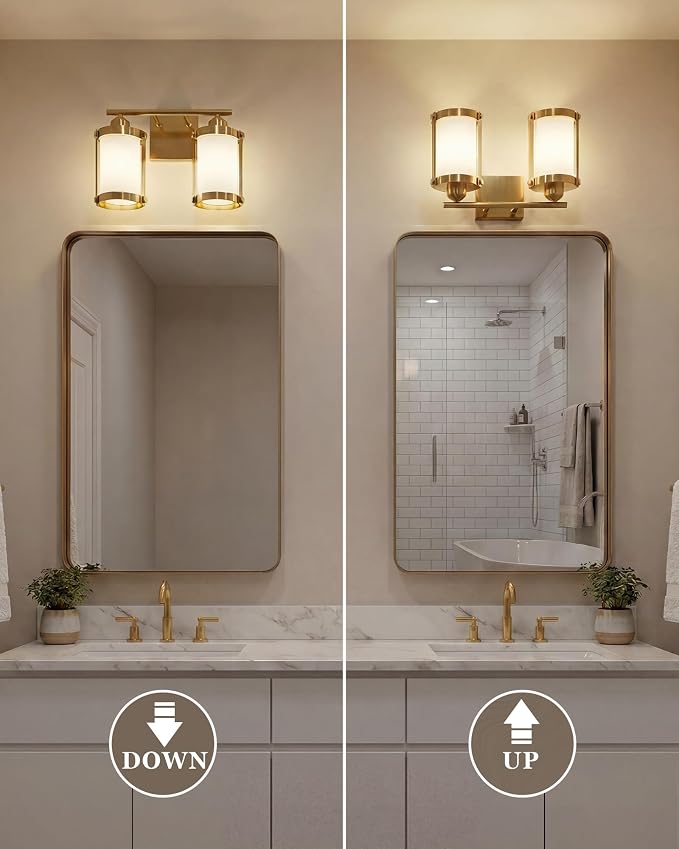 2-Light Brushed Gold Bathroom Light Fixtures with Milk White Frosted Glass, 13.2" UL-Listed Modern Wall Sconce Over Mirror with Metal Cage for Bath, Hardwire E26, OS-3014BGW-2W