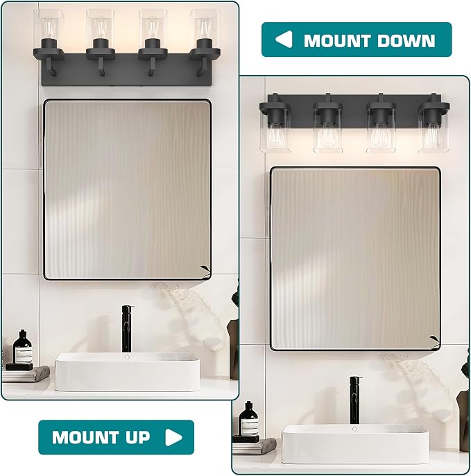 Bathroom Vanity Light, Square Design 4 Lights Morden Bathroom Lighting Fixtures Over Mirror, Black Bathroom Light Vanity Fixtures for Bathroom/Living Room/Bedroom