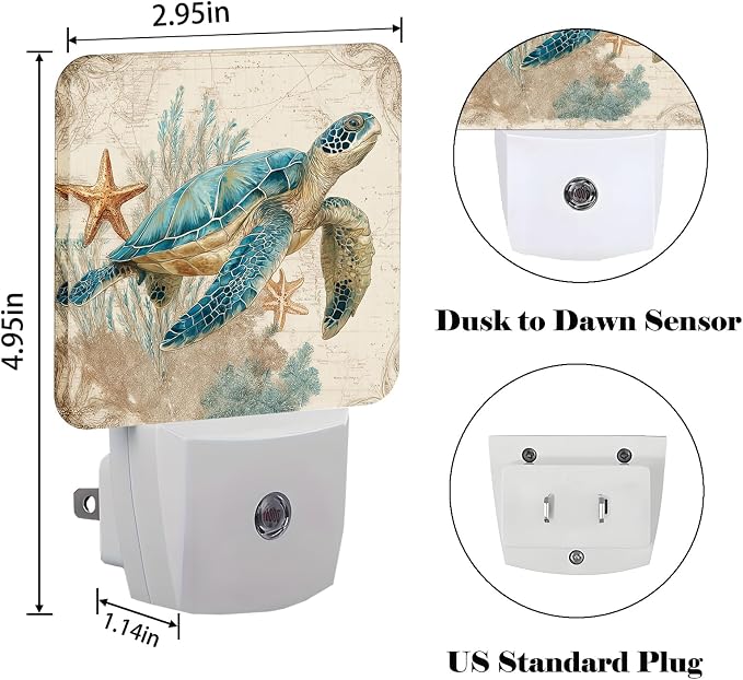 Vintage Ocean Turtle Starfish Night Light,Plug Into Wall with Dusk to Dawn Light Sensors, Warm Nightlights for Bedroom, Bathroom, Hallway, Kitchen, Gifts Ideal for Boys Girls Women Men