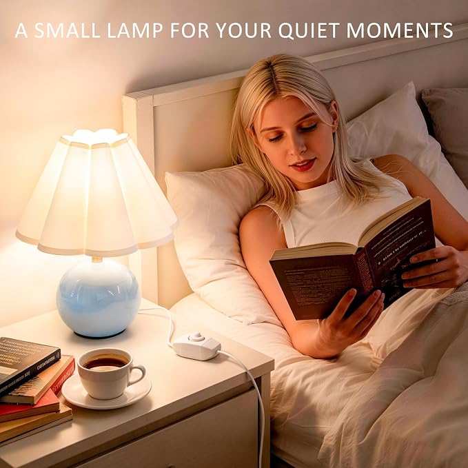 Small Bedside Table Lamp, 11.8'' Ceramic Stepless Dimmable Lamp (Blue) | with scalloped fabric shade for nightstand & living room. Perfect for quiet nights to create a cozy, relaxing atmosphere