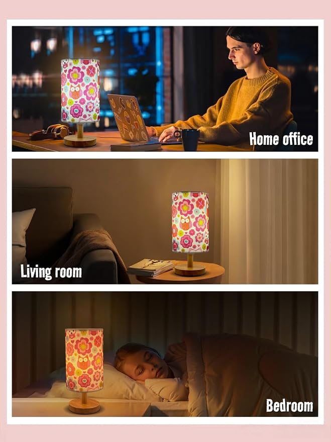 Owl Flower Kids Table Lamp for Bedroom Girls Bedsid Lamps,3-Way Dimmable Wood Base Nightstand Night Light with Cartoon Pattern Lampshade for Bedroom Living Kid Room Study for Kawaii Gift for Girls