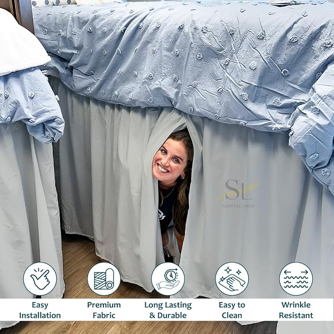 Shreem Linen Dorm Bed Skirt Twin XL, 32 Inch-Drop, 100% Microfiber Extra Long Bedskirt, Light Grey