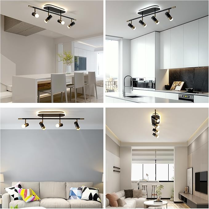 Jaycomey 4-Light LED Track Lighting Fixture with Remote Control, 41W Dimmable Ceiling Light Spotlights, Adjustable 3000K-6500K Modern Dining Room Ceiling Light for Kitchen Bedroom (Black &Gold)