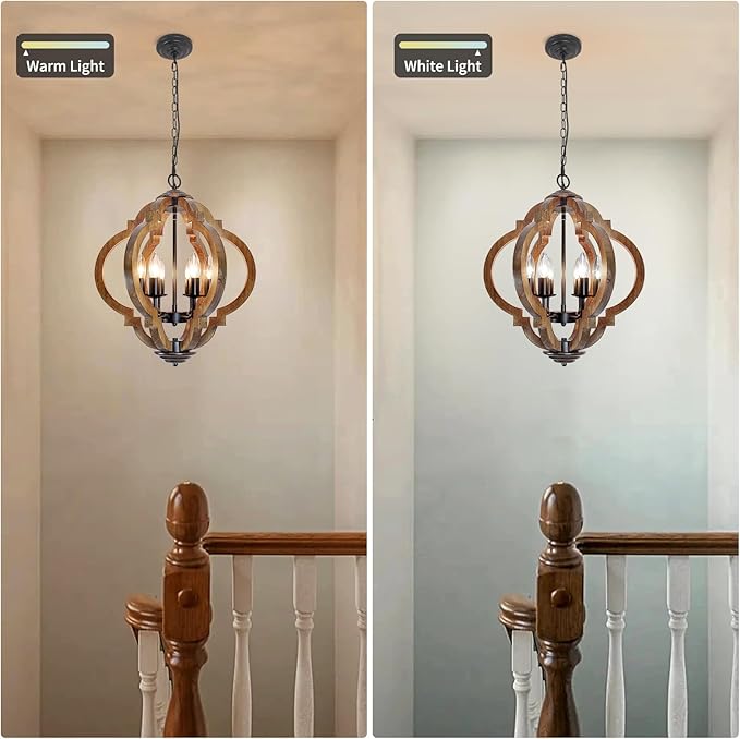 Farmhouse Rustic Wooden Chandelier, 6-Light Farmhouse Hanging Light Fixture with Black Metal & Brown Wood, for Dining Room, Kitchen, Living Room, Entryway, Foyer, Bedroom, Hallway