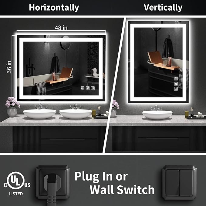 LED Mirror for Bathroom, 48x36 Inch Backlit + Front Lighted Bathroom Vanity Mirror with Lights for Wall, Double Light Strips, 3 Colors, Shatter-Proof, Anti-Fog and Brightness Memory | Bathroom Vanity Mirror with Lights for Wall, Double Light Strips, 3 ...