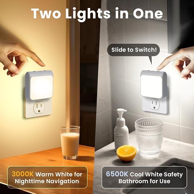 6-Pack Dimmable LED Night Lights Plug into Wall with Dusk to Dawn Sensor, 2 Color in 1 Plug in Night Light 30-60lm Brightness Adjustable, Auto-On/Off Nightlight for Bedroom, Kitchen, Bathroom, Hallway