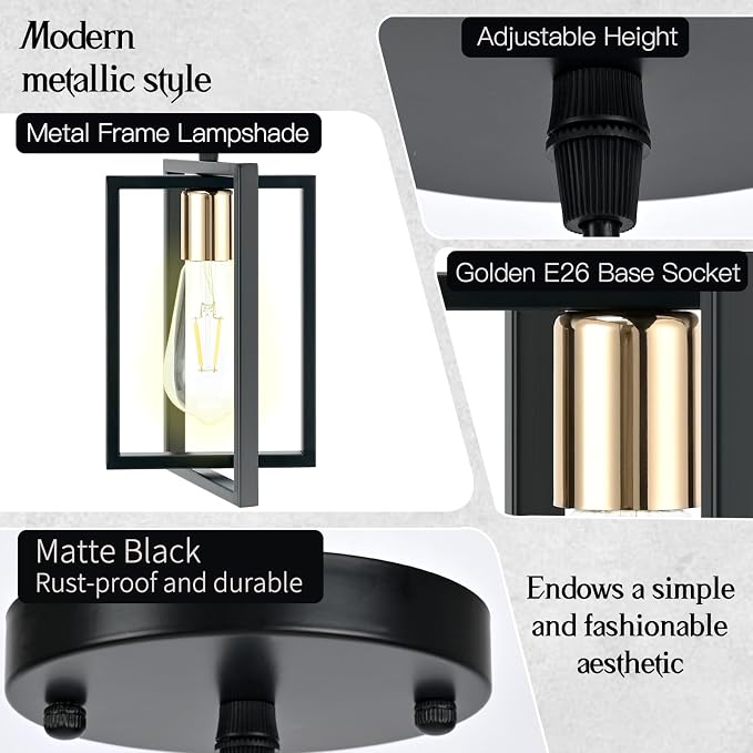 3 Pack Pendant Lights Kitchen Island Black Pendant Light with Metal Shades | Industrial Pendant Lights, Adjustable Cords for Flat or Sloped Ceilings, E26 Base, for Dining Room, Entryway, Restaurant