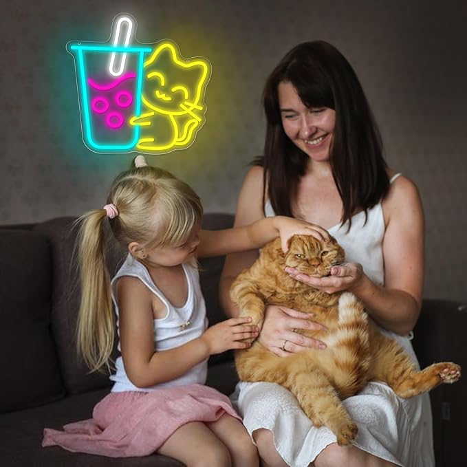 Cat Boba Tea Neon Sign for Wall Decor Bubble Tea Neon Light Dessert Shop | Dimmable LED Neon,Birthday Milk Shake Gifts,Led 5V USB Powered,Man Cave,Summer Party Decor,Business Bar,Pub Art,14.5*10in