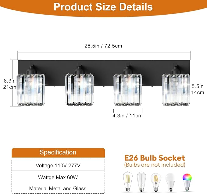 Black Crystal Bathroom Vanity Light, 4-Light Modern Bathroom Lighting Fixtures Over Mirror, Matte Black Wall Sconce Light Fixtures with Square Shade