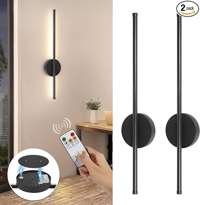 Battery Operated Wall Sconces Set of Two, Wireless Wall Sconces 24 Inch | Rechargeable, Remote Control, Dimmable, Cordless Wall Light Decor for Living Room, Bathroom, Hallway, Timing, Black