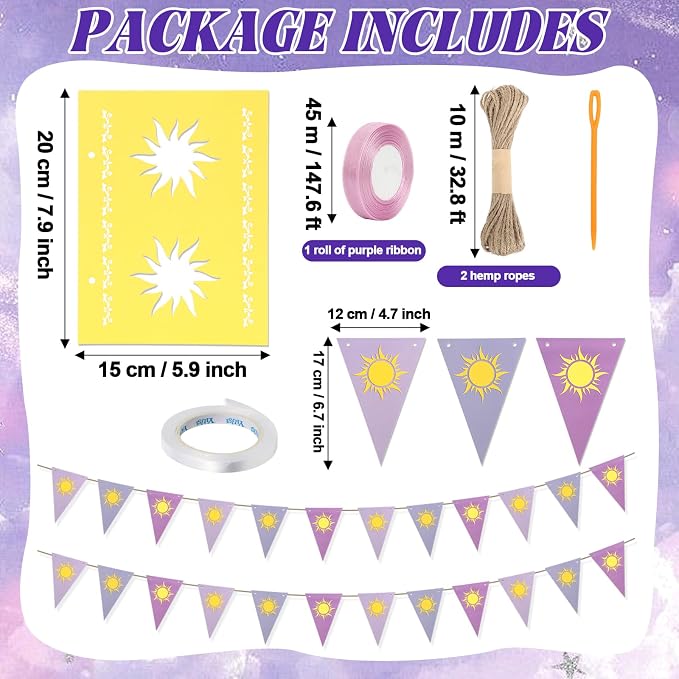 30 Pack Purple Princess Sun Hanging Paper Lanterns DIY Set 2 Pcs Purple Sun Flag Hanging Banner Square Round Cutout Decor for Birthday Wedding Party Decor (Light String Not Included)