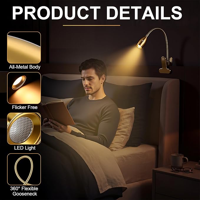 1 Pcs LED Clip on Reading Light for Bed Headboard, 3 Color Dimmable Stepless Book Light with Flexible Gooseneck Clamp Desk Lamp for Reading with USB for Bedroom, Dorms, Office, Studio (Gold)