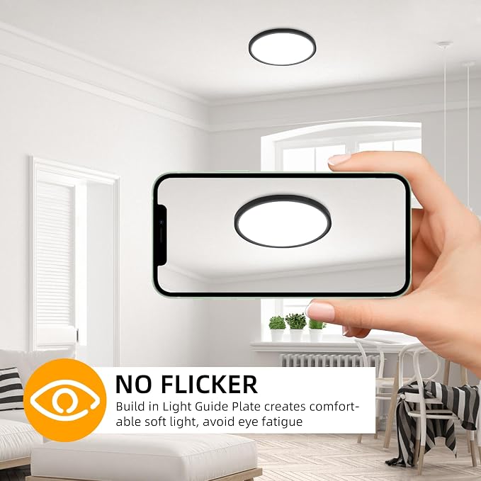 Hlite 9 Inch LED Flush Mount Ceiling Light,1800LM,6 Pack,3CCT | 18W 3000K/4000K/5000K Selectable,Super Slim,Low Profile Round Ceiling Light Fixtures for Kitchen,Bedroom,Hallway,Black