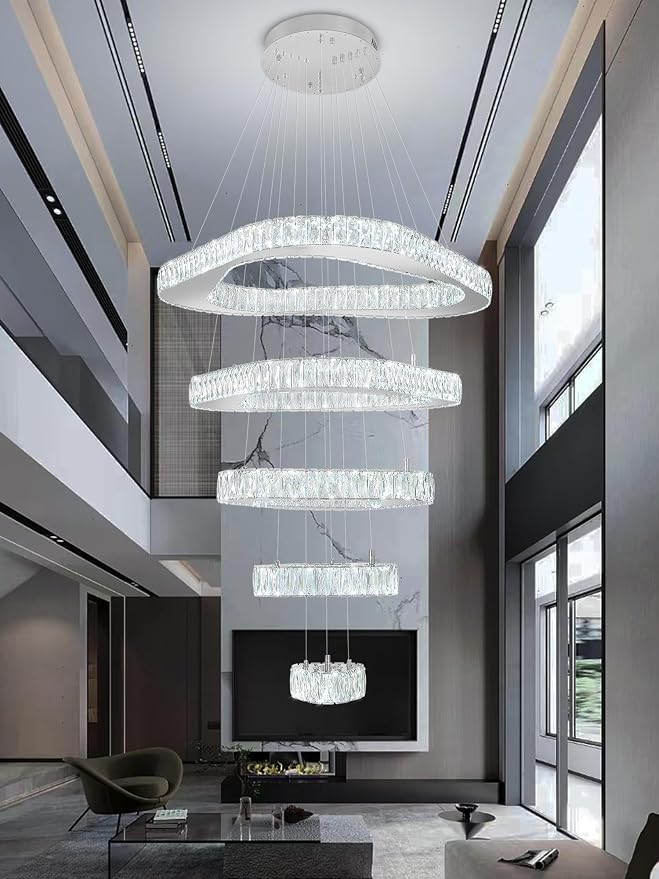Large Crystal Chandelier Modern LED Dimmable Contemporary Chandelier Large Pendant Light for Living Room Foyer Staircase Silver Dia 40"