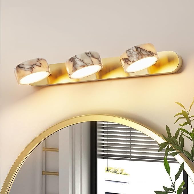 Natural Alabaster Bathroom Vanity Light, 3-Light Adjustable LED Bathroom Light Fixture with Gold Metal Base, 180° Rotatable Marble Wall Sconce for Bathroom Over Mirror, Hallway
