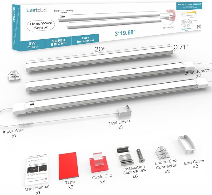 Hand Wave Under Cabinet LED Lighting Plug in, 20 Inch 3 Pcs Dimmable Linkable Ultra Thin Aluminum Alloy Housing, 4000K Natural White Motion Sensor Counter Lights for Kitchen, Shelf, Cupboard