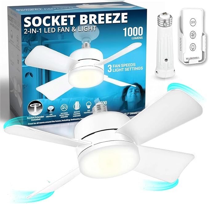 Bell+Howell Socket Breeze Modern Ceiling Fans with LED Lights, 10" LED E26 Screw Base Mini Light Socket Fan for Bedroom, Living Room, Kitchen, Balcony