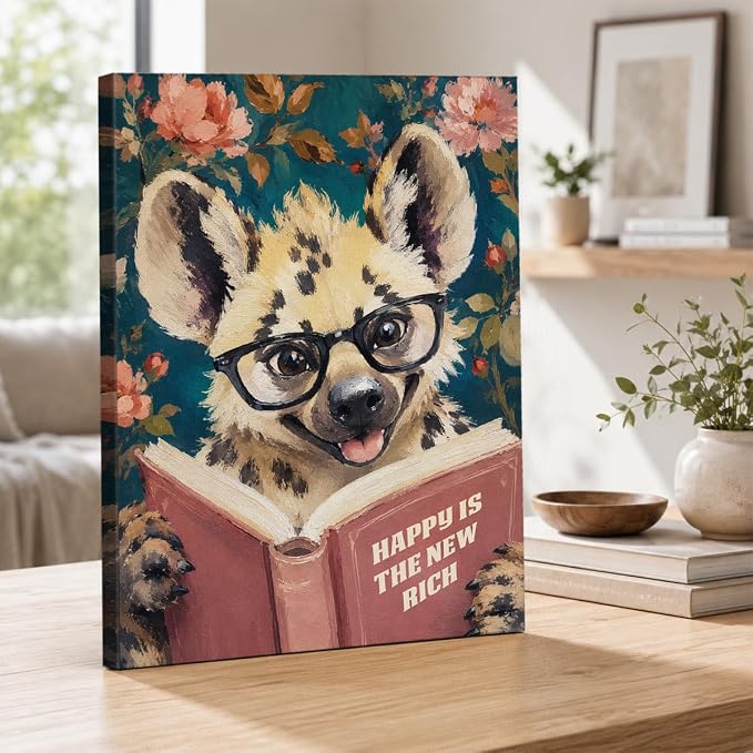NSFBESSLIA Funny Reading Hyena Painting, Whimsical Vintage Animal Decor, Happy Is The New Rich, Cottagecore Wall Art for Living Room Bedroom Entryway, 8x10 Inch