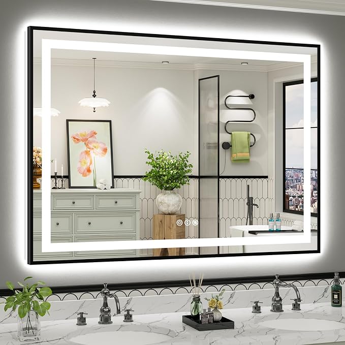 55x40 Inch LED Bathroom Mirror with Black Frame, Backlit & Front Lit | Anti-fog, 3 Color Dimmable, Memory Function, HD Reflection Tempered Glass, ETL Listed, IP54 Waterproof